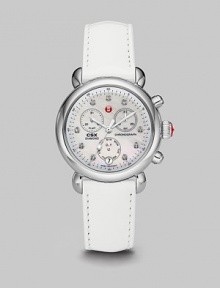 From the CSX Collection. A classic stainless steel timepiece with diamond markers and a technical, chronograph dial. Swiss quartz movementWater resistant to 5 ATMRound stainless steel case, 36mm (1.4)Smooth bezelMother-of-pearl chronograph dialDiamond markers, .04 tcwDate display at 6 o'clockSecond hand White patent leather strap, 18mm wide (0.7)Imported From the CSX Collection. A classic stainless steel timepiece with diamond markers and a technical, chronograph dial. Swiss quartz movementWater resistant to 5 ATMRound stainless steel case, 36mm (1.4)Smooth bezelMother-of-pearl chronograph dialDiamond markers, .04 tcwDate display at 6 o'clockSecond hand White patent leather strap, 18mm wide (0.7)Imported