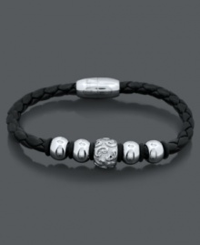 Good luck and good style. This polished men's style features stainless steel beads and clasp on a black leather band. Approximate length: 8-1/4 inches. Good luck and good style. This polished men's style features stainless steel beads and clasp on a black leather band. Approximate length: 8-1/4 inches.