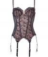 Get the sultry glamorous look of a vintage 1950s pin up girl in Von Follies by Dita Von Teeses nude and black stretch lace and mesh bustier - Underwire style, lightly padded structured cups, grosgrain and laced satin ribbon detailing over sheer black stretch lace, ruffled lace trim on cups, laced satin wide adjustable straps with silver-toned hardware, adjustable silver-toned back hook-and-eye closures - Black stretch lace over nude paneling, sheer mesh sides, ruffled lace trim detail around front hemline, satin garter straps with vintage-style silver-toned clips - Cinched waist - Wear with silk stockings for a seriously seductive look