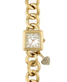 Love is charming. Remind yourself with this sweet watch by Betsey Johnson. Gold tone stainless steel charm bracelet and square case. Crystal-accented heart charm hangs from case. White dial features large tonal heart graphic at center, applied gold tone numerals, crystal-accented hearts, signature fuchsia second hand and logo. Quartz movement. Water resistant to 30 meters. Two-year limited warranty.
