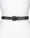 Salvatore Ferragamo produces posh waist-cinching with this slim leather belt, sealed with a luxe logo buckle.