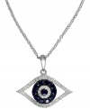 Keep safe the stylish way. EFFY Collection's good luck pendant features the evil eye with round-cut sapphires (1/4 ct. t.w.), white diamonds (1/8 ct. t.w.) and black diamond accents. Set in 14k white gold. Approximate length; 18 inches. Approximate drop length: 13/20 inch. Approximate drop width: 18/25 inch.