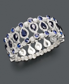 Slip instant sophistication over your wrist. This Charter Club bracelet features round- and- pear-cut Montana beads and crystals surrounded by a silver tone mixed metal setting. Bracelet stretches to fit wrist. Approximate diameter: 3-1/2 inches. Slip instant sophistication over your wrist. This Charter Club bracelet features round- and- pear-cut Montana beads and crystals surrounded by a silver tone mixed metal setting. Bracelet stretches to fit wrist. Approximate diameter: 3-1/2 inches.