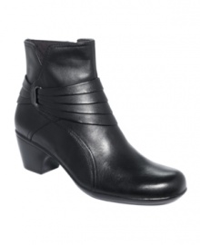 Clarks' Ingalls Pecos booties are sleek and comfortable with faux wrapped detail around the ankle and a squared off toe. Clarks' Ingalls Pecos booties are sleek and comfortable with faux wrapped detail around the ankle and a squared off toe.