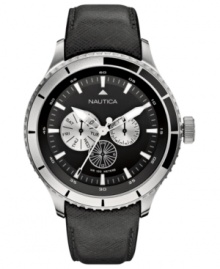 Whether you're at work or on the couch, this black leather Nautica watch will keep you in style and on time. Whether you're at work or on the couch, this black leather Nautica watch will keep you in style and on time.