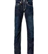 With Western-inspired details, these stylish distressed jeans from True Religion will amp up your casual basics - Classic five-pocket styling, fading details, decorative back pockets with logo detail, contrast stitching - Straight leg, slim fit - Pair with a tee and a blazer or a cashmere sweater