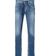 With Western-inspired details, these exclusive blue accented jeans from True Religion will amp up your casual basics - Classic five-pocket styling, fading details, decorative back pockets with logo detail, contrast stitching accented in blue - Straight leg, slim fit - Pair with a tee and a blazer or a cashmere sweater