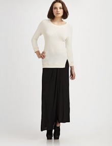 Comfy-chic crewneck with three-quarter sleeves and one side slit at the hem. Crewneck Three-quarter sleeves Banded cuffs and hem Side slit at hem 52% cotton/43% modal/5% spandex Hand wash Made in USA Comfy-chic crewneck with three-quarter sleeves and one side slit at the hem. Crewneck Three-quarter sleeves Banded cuffs and hem Side slit at hem 52% cotton/43% modal/5% spandex Hand wash Made in USA