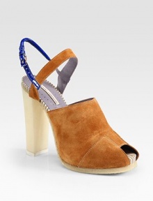 Contrasting patent leather slingback strap adds a colorblock effect to this stunning suede slide. Self-covered heel, 5 (125mm)Covered platform, 1 (25mm)Compares to a 4 heel (100mm)Suede and patent leather upperLeather liningRubber solePadded insoleImported Contrasting patent leather slingback strap adds a colorblock effect to this stunning suede slide. Self-covered heel, 5 (125mm)Covered platform, 1 (25mm)Compares to a 4 heel (100mm)Suede and patent leather upperLeather liningRubber solePadded insoleImported