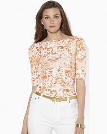 A chic boat neckline and bright batik print impart breezy, casual style to the classic cotton jersey Benny tee. A chic boat neckline and bright batik print impart breezy, casual style to the classic cotton jersey Benny tee.