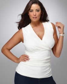 Alfani's sleeveless shaper top features ruching and lining for a flattering silhouette. Alfani's sleeveless shaper top features ruching and lining for a flattering silhouette.