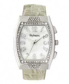 A mark of distinction. Lovely watch by Style&co. crafted of metallic gray croc-embossed leather strap and barrel-shaped silver tone mixed metal case. Bezel embellished with crystal accents. White mother-of-pearl dial features applied silver tone numerals, three hands and logo. Quartz movement. Splash resistant. Two-year limited warranty. A mark of distinction. Lovely watch by Style&co. crafted of metallic gray croc-embossed leather strap and barrel-shaped silver tone mixed metal case. Bezel embellished with crystal accents. White mother-of-pearl dial features applied silver tone numerals, three hands and logo. Quartz movement. Splash resistant. Two-year limited warranty.