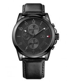 Dusky watch that goes from the office to the track in a flash, by Tommy Hilfiger. Crafted of black calf leather strap and round black ion-plated stainless steel case. Black chronograph dial with three subdials, iconic flag logo and date window at three o'clock, black numerals, minute track and three hands. Quartz movement. Water resistant to 50 meters. Ten-year limited warranty.