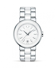 A chic pairing of stainless steel with white ceramic makes this MOVADO timepiece a modern classic. A chic pairing of stainless steel with white ceramic makes this MOVADO timepiece a modern classic.