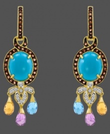 A look of exquisite elegance. Carlo Viani's enchanting earring style highlights an oval-cut turquoise center (5-3/4 mm) that shines with the addition of blue topaz (5/8 ct. t.w.), citrine (5/8 ct. t.w.), and amethyst drops (5/8 ct. t.w.). A scrolling 14k gold setting is accented by round-cut smokey quartz (9/10 ct. t.w.) and white sapphire (1/4 ct. t.w.). Approximate drop: 2 inches.