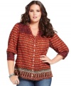 Spice up your casual bottoms with Lucky Brand Jeans' plus size printed top, featuring smocked accents.
