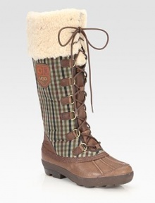Burnished leather design, topped with a plaid cotton shaft, shearling cuff and lace-up front. Shaft, 15½Leg circumference, 16Leather, cotton and shearling upperGenuine shearling liningRubber solePadded insoleImported Burnished leather design, topped with a plaid cotton shaft, shearling cuff and lace-up front. Shaft, 15½Leg circumference, 16Leather, cotton and shearling upperGenuine shearling liningRubber solePadded insoleImported