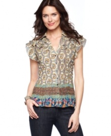 Mix it up with NY Collection's flutter sleeve top: the arrangement of prints stands out against your favorite jeans or sleek capri pants! Mix it up with NY Collection's flutter sleeve top: the arrangement of prints stands out against your favorite jeans or sleek capri pants!