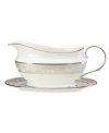 To entertain with grace and style look no further than this Bellina sauce boat from Lenox's dinnerware and dishes collection. Elegant bone china with a delicate floral design and textured white beads is finished with platinum trim. Sauce boat shown right.