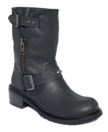 Tough girl chic gets a trendy makeover thanks to the pointy studs on the buckled straps of Report's Greene motorcycle boots. Tough girl chic gets a trendy makeover thanks to the pointy studs on the buckled straps of Report's Greene motorcycle boots.