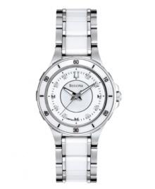 Striking, crisp and utterly chic, this Bulova watch seamlessly blends tradition and trend. Stainless steel bracelet with center links of white ceramic and round stainless steel case. White ceramic bezel etched with black numerals holds a slightly-domed mineral crystal. White chronograph dial with textured inner dial features eight diamond accents at markers, luminous silvertone hands and logo at twelve o'clock. Quartz movement. Water resistant to 30 meters. Three-year limited warranty. Striking, crisp and utterly chic, this Bulova watch seamlessly blends tradition and trend. Stainless steel bracelet with center links of white ceramic and round stainless steel case. White ceramic bezel etched with black numerals holds a slightly-domed mineral crystal. White chronograph dial with textured inner dial features eight diamond accents at markers, luminous silvertone hands and logo at twelve o'clock. Quartz movement. Water resistant to 30 meters. Three-year limited warranty.