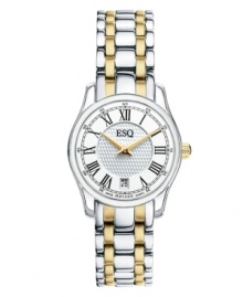 Rich detail for timeless appeal. Filmore watch by ESQ by Movado crafted of two-tone stainless steel bracelet and round case. Silver tone dial features clous de Paris-textured center, black Roman numerals, minute track, date window at six o'clock, two gold tone hands and logo. Swiss quartz movement. Water resistant to 30 meters. Two-year limited warranty. Rich detail for timeless appeal. Filmore watch by ESQ by Movado crafted of two-tone stainless steel bracelet and round case. Silver tone dial features clous de Paris-textured center, black Roman numerals, minute track, date window at six o'clock, two gold tone hands and logo. Swiss quartz movement. Water resistant to 30 meters. Two-year limited warranty.