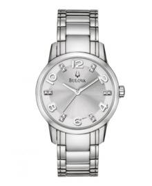 Steel and diamond accents make for an icy accessory, by Bulova. Watch features stainless steel bracelet and round case. Silvertone sunray dial with alternating Arabic numerals and hand-set diamond accents at markers, logo and silvertone hands. Quartz movement. Water resistant to 30 meters. Three-year limited warranty. Steel and diamond accents make for an icy accessory, by Bulova. Watch features stainless steel bracelet and round case. Silvertone sunray dial with alternating Arabic numerals and hand-set diamond accents at markers, logo and silvertone hands. Quartz movement. Water resistant to 30 meters. Three-year limited warranty.