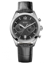 Classically refined, this modern watch from Hugo Boss adds intrigue to your black suits. Classically refined, this modern watch from Hugo Boss adds intrigue to your black suits.
