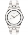 A stunning combination of ceramic and steel creates a sleek timepiece from Swatch's White Ceramic collection.