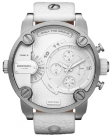 White leather and structured steel create a sleek look on this versatile watch from Diesel. White leather and structured steel create a sleek look on this versatile watch from Diesel.