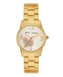 Sweet girls arrive on time! Watch by Betsey Johnson crafted of polished gold tone stainless steel bracelet and round case. White dial features applied gold tone numerals at twelve, three, six and nine o'clock, gold tone crystal-accented heart graphic, gold tone hour and minute hands, signature fuchsia second hand and logo. Quartz movement. Water resistant to 30 meters. Two-year limited warranty. Sweet girls arrive on time! Watch by Betsey Johnson crafted of polished gold tone stainless steel bracelet and round case. White dial features applied gold tone numerals at twelve, three, six and nine o'clock, gold tone crystal-accented heart graphic, gold tone hour and minute hands, signature fuchsia second hand and logo. Quartz movement. Water resistant to 30 meters. Two-year limited warranty.