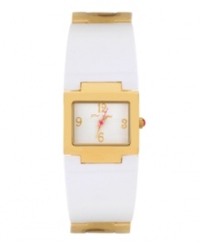 Sunny gold and cool white are a smash hit on this bangle watch by Betsey Johnson. White optical resin and gold tone stainless steel bangle bracelet and rectangular gold tone stainless steel case. White dial features gold tone numerals at twelve, three, six and nine o'clock, gold tone hour and minute hands, signature fuchsia second hand and logo. Quartz movement. Water resistant to 30 meters. Two-year limited warranty. Sunny gold and cool white are a smash hit on this bangle watch by Betsey Johnson. White optical resin and gold tone stainless steel bangle bracelet and rectangular gold tone stainless steel case. White dial features gold tone numerals at twelve, three, six and nine o'clock, gold tone hour and minute hands, signature fuchsia second hand and logo. Quartz movement. Water resistant to 30 meters. Two-year limited warranty.