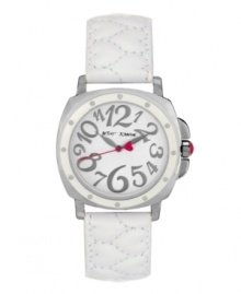 Hugs and kisses from Betsey! Sweet watch by Betsey Johnson crafted of white leather strap with heart-shaped quilting and square stainless steel case with white bezel. White dial features whimsical silver tone numerals, silver tone hour and minute hands, fuchsia heart-accented second hand and logo. Quartz movement. Water resistant to 30 meters. Two-year limited warranty.