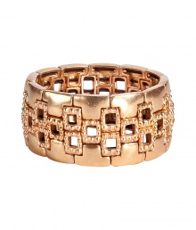 Chic cuff in in gold-plated metal - Elasticated style slips on - Three rows of square and T-shaped decorative inlay - Small, designer tag pendant - Elegant and eye-catching, a sleek statement piece - Pair with a pencil skirt and silk button down blouse by day, and a streamlined cocktail dress by night Chic cuff in in gold-plated metal - Elasticated style slips on - Three rows of square and T-shaped decorative inlay - Small, designer tag pendant - Elegant and eye-catching, a sleek statement piece - Pair with a pencil skirt and silk button down blouse by day, and a streamlined cocktail dress by night