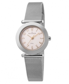 Soft and feminine meets industrial-chic in this mesh bracelet women's watch from Skagen Denmark. Silvertone stainless steel mesh bracelet and round stainless steel case. Round white dial with gold plated numerical indices and logo. Quartz movement. Water resistant to 30 meters. Limited lifetime warranty.