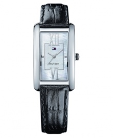 Dress up with everyday luxury. This Tommy Hilfiger watch features a black croc-embossed leather strap and rectangular stainless steel case. Mother-of-pearl dial with silvertone Roman numerals and logo, Quartz movement. Water resistant to 30 meters. Ten-year limited warranty. Dress up with everyday luxury. This Tommy Hilfiger watch features a black croc-embossed leather strap and rectangular stainless steel case. Mother-of-pearl dial with silvertone Roman numerals and logo, Quartz movement. Water resistant to 30 meters. Ten-year limited warranty.