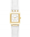 Lighten up with the golden shine of this refined and feminine Nine West watch. Crafted of white cut leather strap and square gold tone mixed metal case. White dial features gold tone applied stick indices, minute track, gold tone hour and minute hands, sweeping second hand and logo at six o'clock. Quartz movement. Limited Lifetime Warranty.