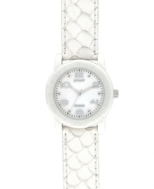 Swimmingly stylish. A unique strap spices up this crisp watch by Sprout. White carp fish skin strap and round white corn resin case with stamped bezel. Natural mother-of-pearl dial features applied silver tone numerals, diamond accent markers, black printed minute track, silver tone hour and minute hands, sweeping second hand and logo. Quartz movement. Limited lifetime warranty. Swimmingly stylish. A unique strap spices up this crisp watch by Sprout. White carp fish skin strap and round white corn resin case with stamped bezel. Natural mother-of-pearl dial features applied silver tone numerals, diamond accent markers, black printed minute track, silver tone hour and minute hands, sweeping second hand and logo. Quartz movement. Limited lifetime warranty.