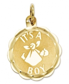 The perfect blessing for the new mom. This sweet charm features a scalloped and diamond-cut charm with the words, It's A Boy, inscribed across the front. Crafted in 14k gold. Chain not included. Approximate length: 4/5 inch. Approximate width: 3/5 inch. The perfect blessing for the new mom. This sweet charm features a scalloped and diamond-cut charm with the words, It's A Boy, inscribed across the front. Crafted in 14k gold. Chain not included. Approximate length: 4/5 inch. Approximate width: 3/5 inch.