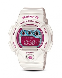 The Baby-G digital watch brightens wrists with bright hues and up-to-the-minute technology. Features include EL backlight with Afterglow, world time, 29 time zones, 4 daily alarms, countdown timer, full auto calendar and 12/24 hour formats. From Casio. The Baby-G digital watch brightens wrists with bright hues and up-to-the-minute technology. Features include EL backlight with Afterglow, world time, 29 time zones, 4 daily alarms, countdown timer, full auto calendar and 12/24 hour formats. From Casio.