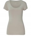 Stylish t-shirt in fine, beige viscose blend - Especially comfortable and flattering, thanks to a touch of stretch - Super-soft, lighter weight material - Deep scoop neck and short, fitted sleeves - Long, lean silhouette hits below hips - Casually elegant and ultra versatile, great for everyday - Pair with jeans, cigarette pants, shorts and dressier trousers