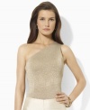 The timeless glamour of a one-shoulder silhouette combines with the sleek shimmer of metallic threads for an effortlessly chic look from Lauren by Ralph Lauren.