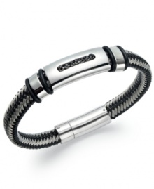 Sporty style that adds definition to your look. This on-trend men's bracelet combines a nylon band with stainless steel accents and clasp. A row of single-cut black diamonds (1/10 ct. t.w.) add an attractive touch to the center. Approximate length: 8-1/4 inches. Sporty style that adds definition to your look. This on-trend men's bracelet combines a nylon band with stainless steel accents and clasp. A row of single-cut black diamonds (1/10 ct. t.w.) add an attractive touch to the center. Approximate length: 8-1/4 inches.