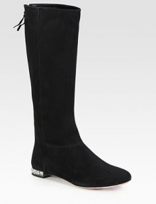 A jeweled heel and exposed back zipper upgrade this tall suede silhouette. Jeweled heel, ½ (15mm)Shaft, 14½Leg circumference, 13Suede upperBack zipLeather lining and solePadded insoleMade in Italy A jeweled heel and exposed back zipper upgrade this tall suede silhouette. Jeweled heel, ½ (15mm)Shaft, 14½Leg circumference, 13Suede upperBack zipLeather lining and solePadded insoleMade in Italy