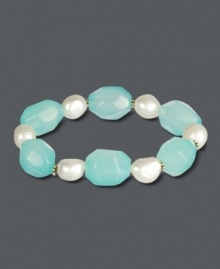Add a splash. This stylish stretch bracelet combines cultured freshwater pearls (8-9 mm) and sea blue Chalcedony nuggets (126 ct. t.w.). Bracelet stretches to fit wrist. Approximate length: 7-1/2 inches. Add a splash. This stylish stretch bracelet combines cultured freshwater pearls (8-9 mm) and sea blue Chalcedony nuggets (126 ct. t.w.). Bracelet stretches to fit wrist. Approximate length: 7-1/2 inches.
