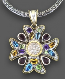 Effy Collection puts a modern twist on classic design with this beautiful 18k gold and sterling silver pendant. Featuring round-cut diamond (1/4 ct. t.w.), oval-cut amethyst (1/4 ct. t.w.), princess-cut amethyst (1/3 ct. t.w.), marquise-cut blue topaz (1/3 ct. t.w.), oval-cut blue topaz (1/3 ct. t.w.), pear-cut blue topaz (3/4 ct. t.w.), marquise-cut citrine (1/5 ct. t.w.), oval-cut citrine (3/8 ct. t.w.) and pear-cut citrine (3/8 ct. t.w.). Approximate length: 18 inches. Approximate drop: 1 inch.