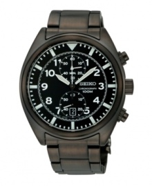 Black ion-plated stainless steel bracelet and round case, 43mm. Black chronograph dial features white numerals and stick indices, luminous hands, date window at six o'clock, subdials that measure split and accumulated elapsed time and logo. Quartz movement. Water resistant to 100 meters. Three-year limited warranty. Black ion-plated stainless steel bracelet and round case, 43mm. Black chronograph dial features white numerals and stick indices, luminous hands, date window at six o'clock, subdials that measure split and accumulated elapsed time and logo. Quartz movement. Water resistant to 100 meters. Three-year limited warranty.
