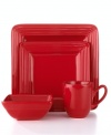 Brighten up. The cherry-red Dekko place settings will snap everyone around your table to attention when they see this collection of Laurie Gates dinnerware. The dishes boast modern shapes that look extra sharp with defined edges and a glossy finish.
