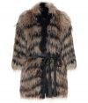 Finish your evening look on a dramatic note with Roberto Cavallis ultra luxurious two-tone fur coat, detailed with a sleek haircalf/leather sash for an ultra feminine finish - Collarless, bracelet-length sleeves, black trim down the front, black haircalf/leather self-tie sash - Straight open silhouette, tailored at the waist with a belt for a feminine fit - Team with sleek knit dresses and edgy over-the-knee boots