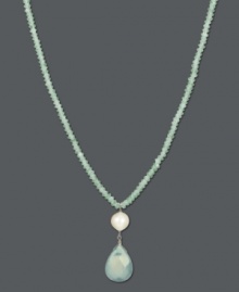 Sweet serenity in ocean-blue hues. A teardrop-shaped pendant in chalcedony and apatite (51-1/2 ct. t.w.) combines with a cultured freshwater pearl (8-8-1/2 mm) for a sophisticated look. Set in sterling silver. Approximate length: 17 inches. Approximate drop: 1-1/2 inches.